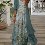 Thea green ditsy floral maxi dress with V-neckline and 3/4 sleeves