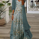 Thea green ditsy floral maxi dress with V-neckline and 3/4 sleeves