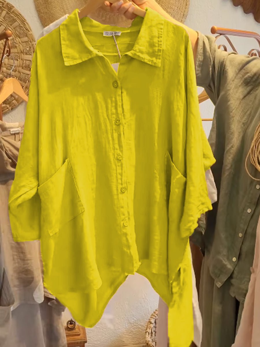 Lineth casual buttoned linen-cotton blouse with shirt collar and 3/4 sleeves