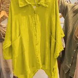 Lineth casual buttoned linen-cotton blouse with shirt collar and 3/4 sleeves