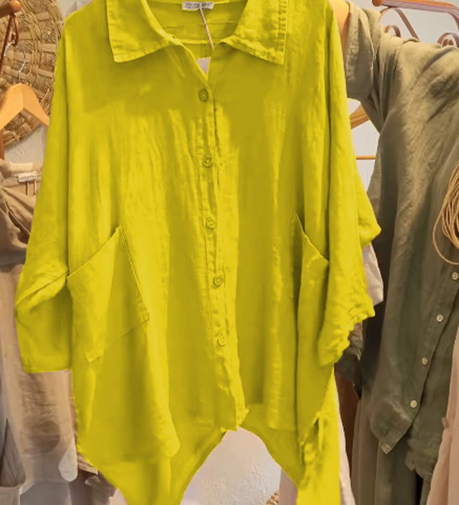 Lineth casual buttoned linen-cotton blouse with shirt collar and 3/4 sleeves