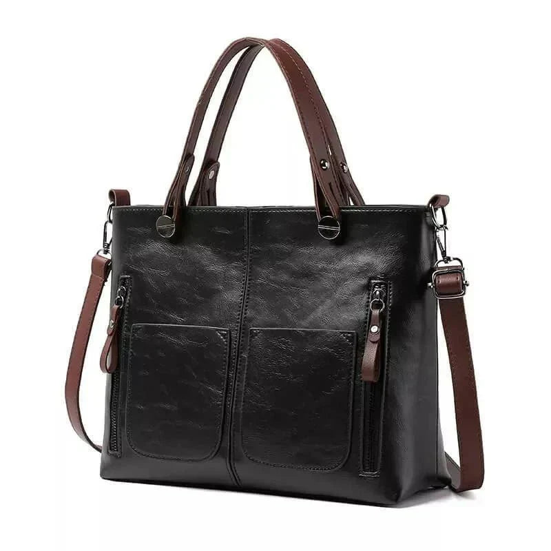 Dusk Serenity premium PU leather shoulder bag shown in brown, black and grey
