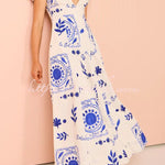 Avermy blue floral maxi dress with V-neckline and puff sleeves