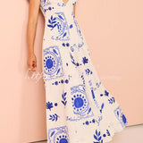Avermy blue floral maxi dress with V-neckline and puff sleeves
