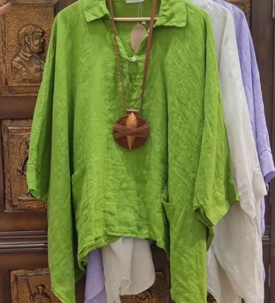 Lina breezy collared linen-cotton top with soft stand collar and relaxed fit