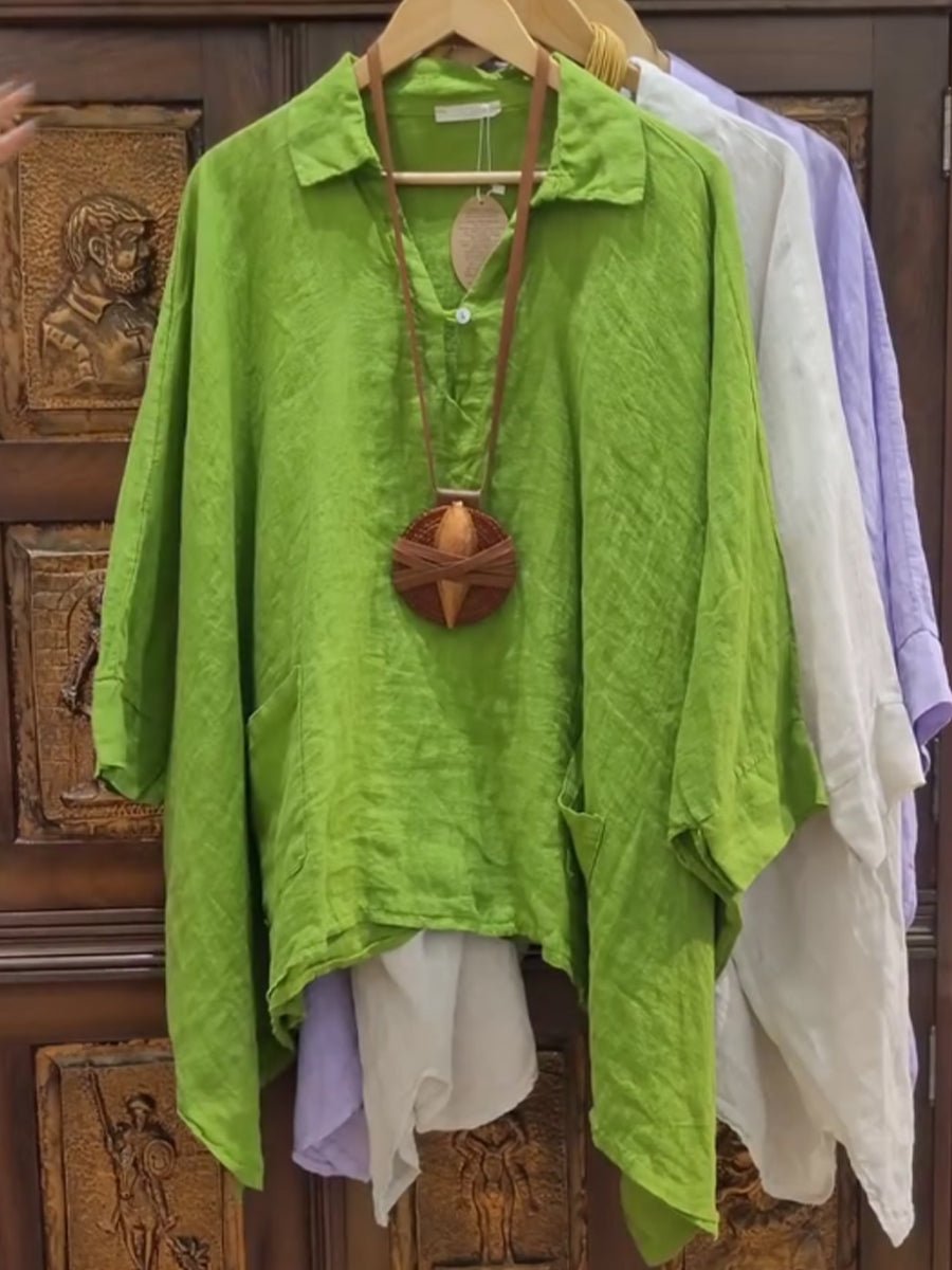 Lina breezy collared linen-cotton top with soft stand collar and relaxed fit