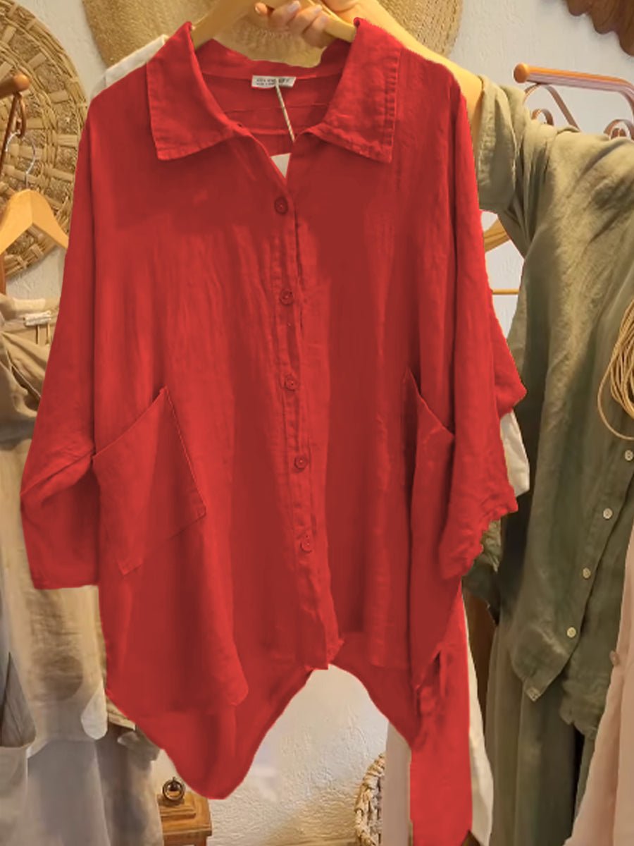 Lineth casual buttoned linen-cotton blouse with shirt collar and 3/4 sleeves