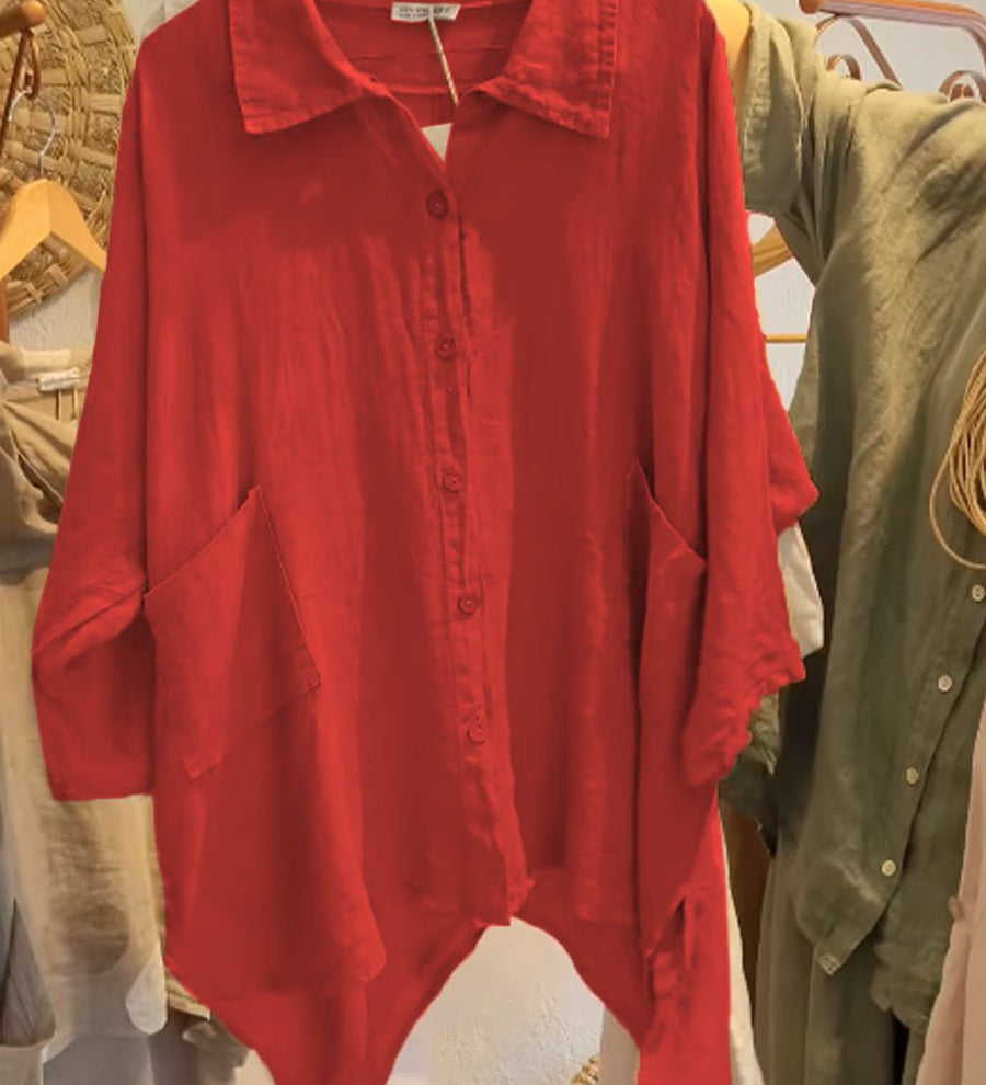 Lineth casual buttoned linen-cotton blouse with shirt collar and 3/4 sleeves
