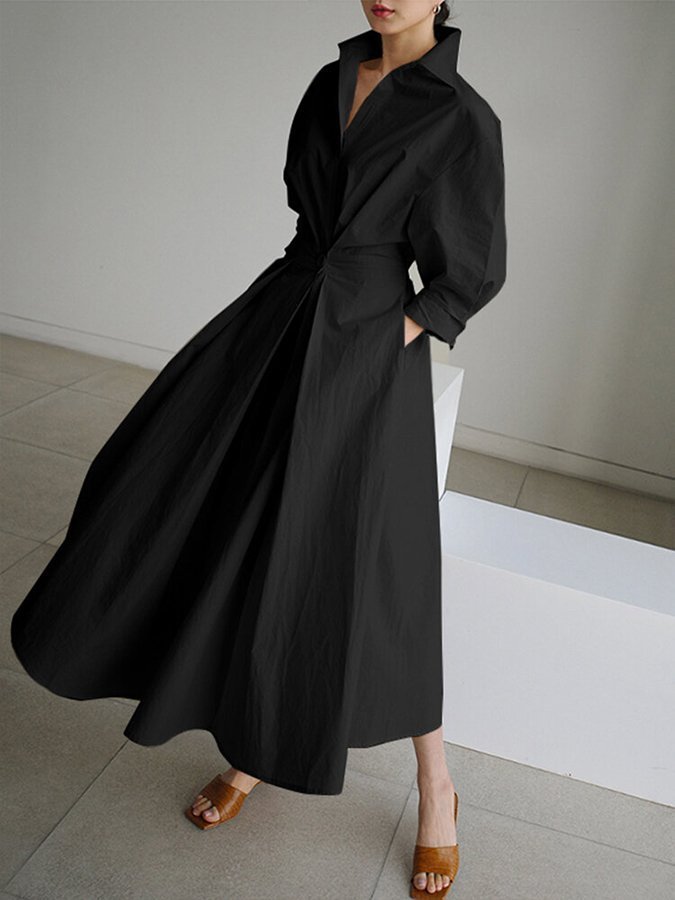 Luni bohemian maxi dress with retro lapel collar and elasticated waist in a solid colour