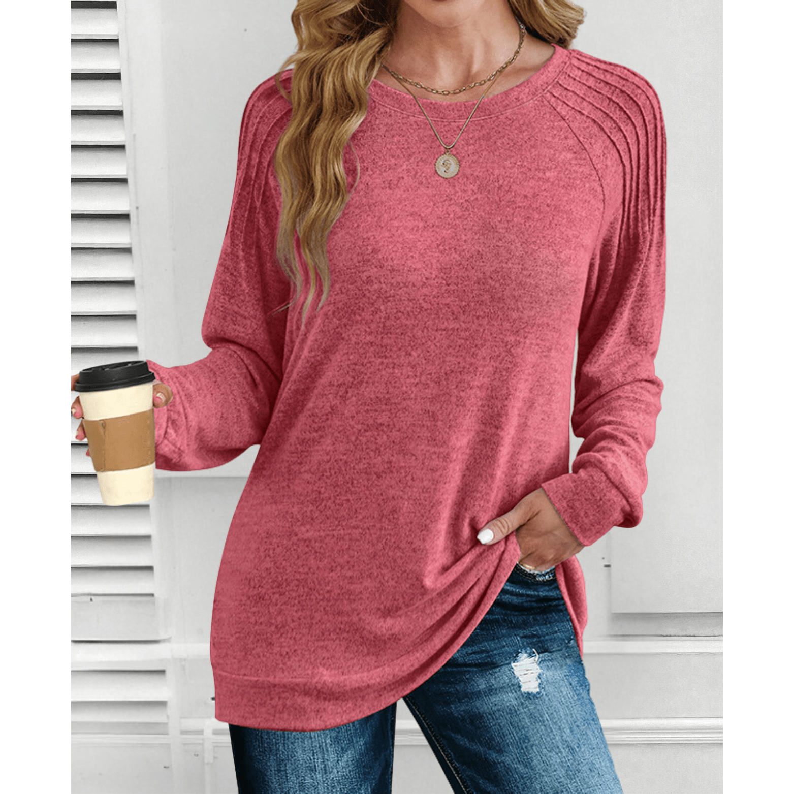 Anika ribbed shoulder long-sleeve top with a relaxed tunic fit