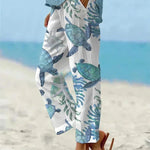 Sally relaxed casual pants with floral and turtle print in a light, easy-going colour