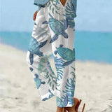 Sally relaxed casual pants with floral and turtle print in a light, easy-going colour
