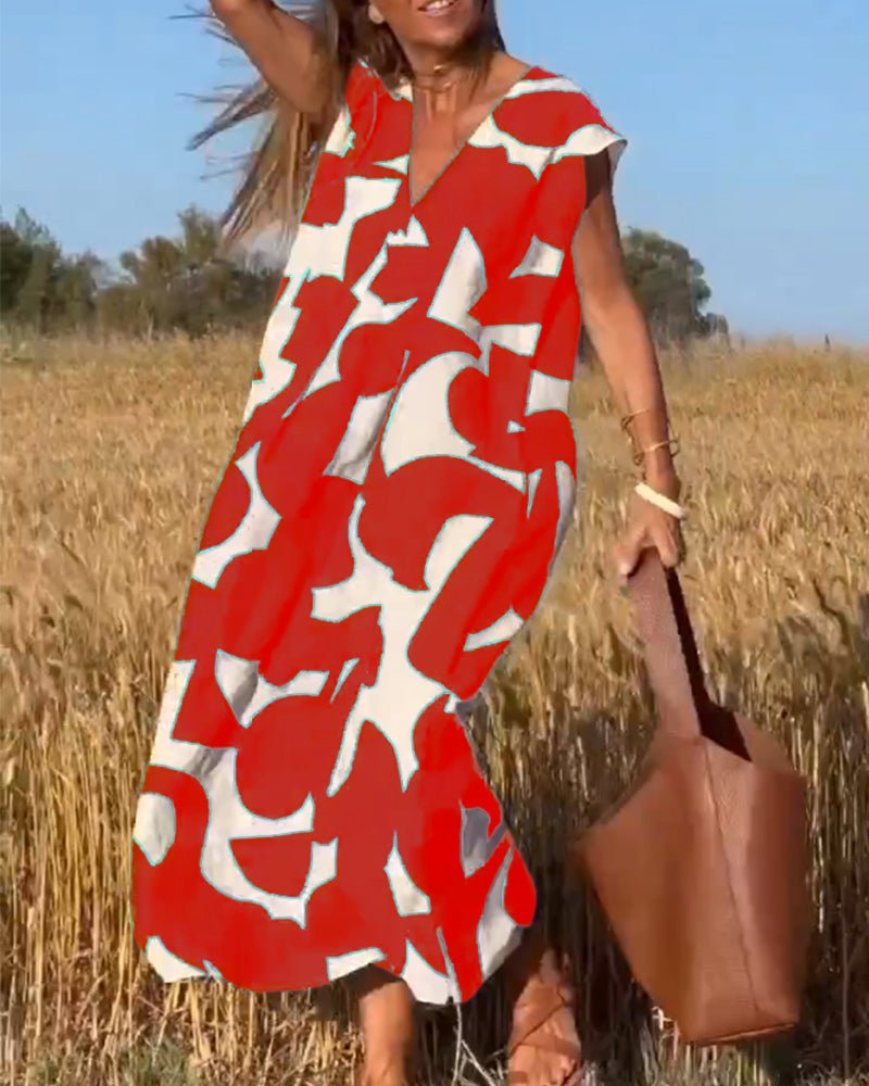 Amelia printed V-neck A-line dress in a flowing silhouette