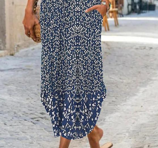 Emilia navy blue maxi dress with round neck, capped sleeves and mini print