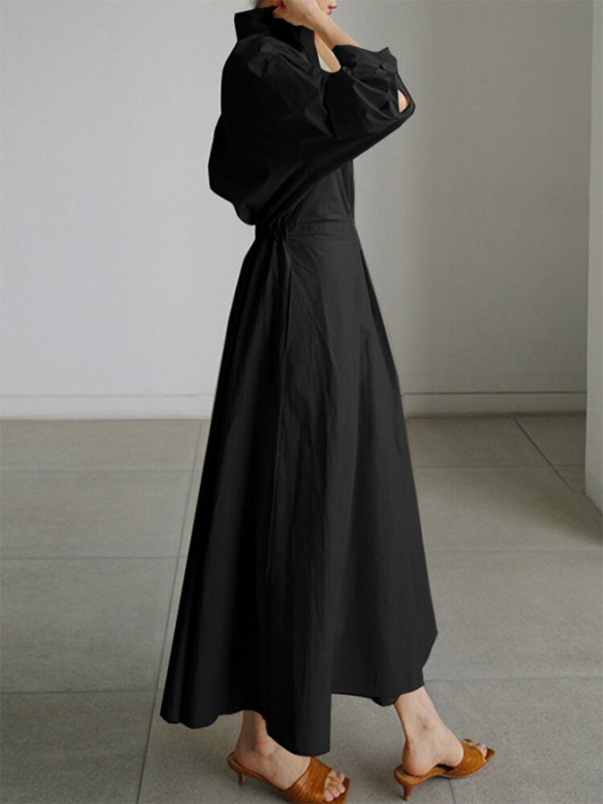 Luni bohemian maxi dress with retro lapel collar and elasticated waist in a solid colour