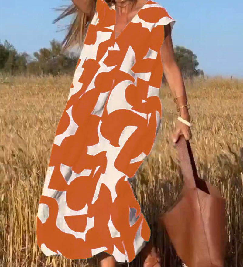 Amelia printed V-neck A-line dress in a flowing silhouette