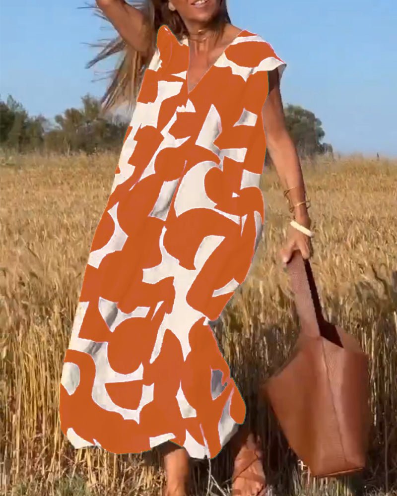 Amelia printed V-neck A-line dress in a flowing silhouette