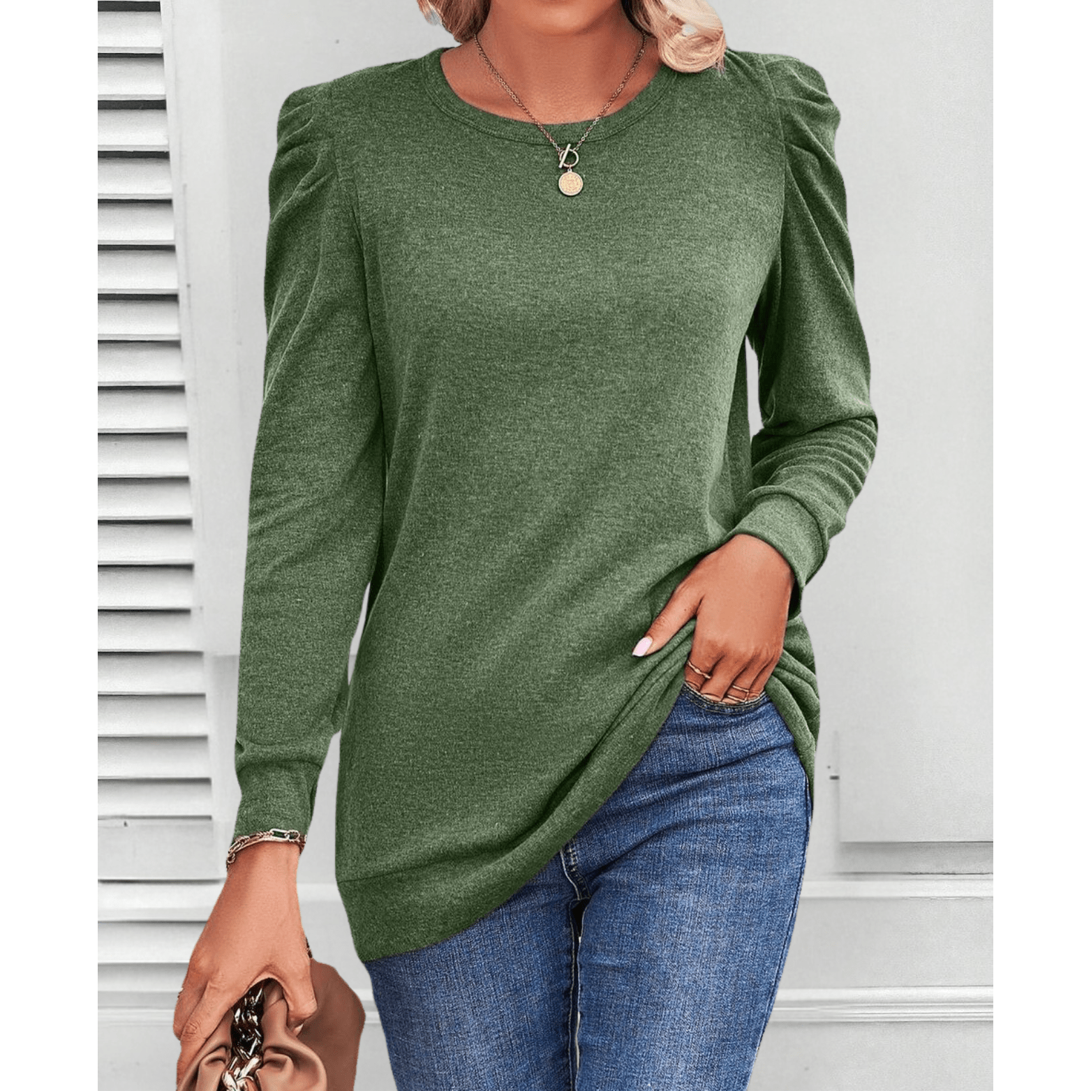 Mae puff-shoulder tunic top in a soft stretchy knit with flattering tunic length