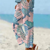Sally relaxed casual pants with floral and turtle print in a light, easy-going colour