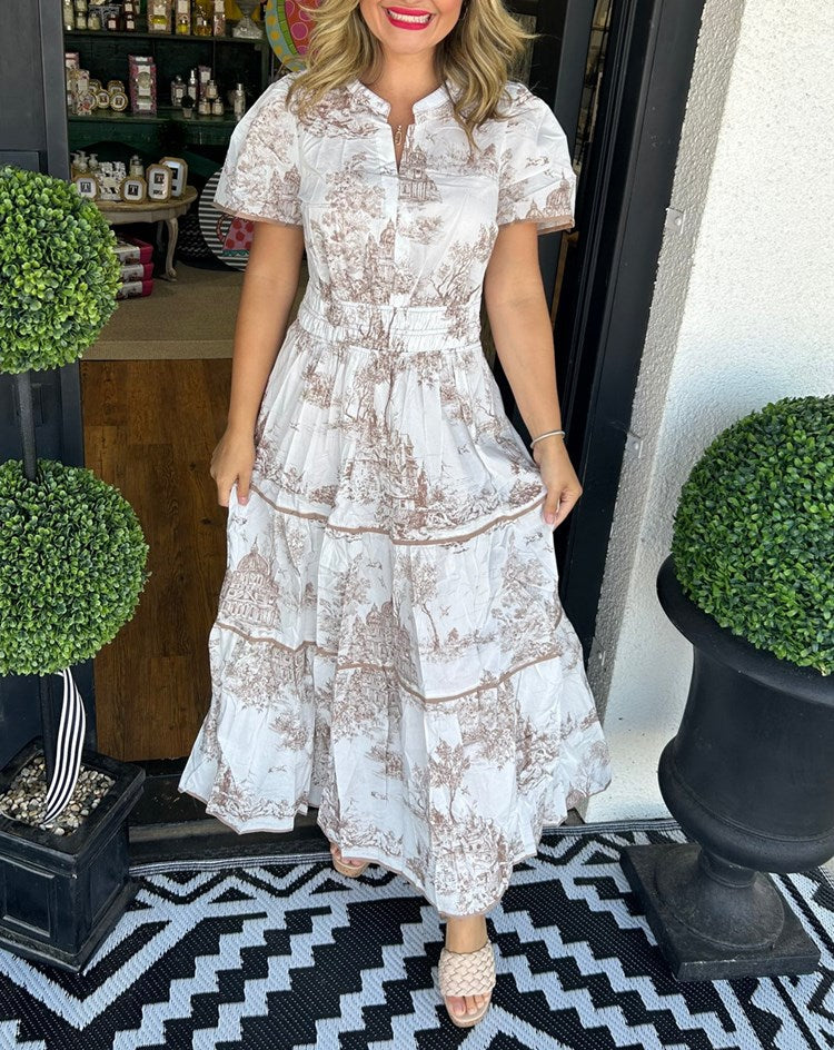 Eliza classic maxi dress in mauve brown with a soft illustrated print, V neckline and flowing skirt