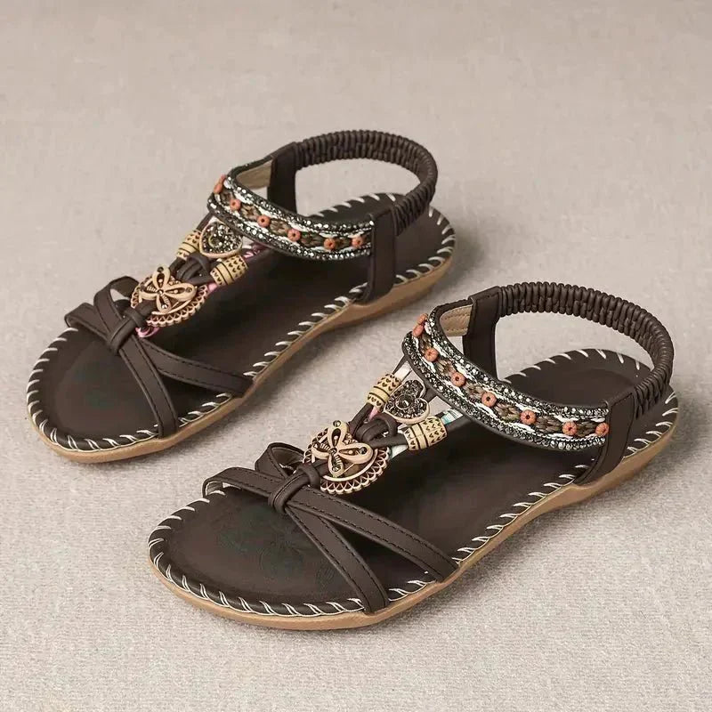 Nalu boho flat sandals with beaded, tribal-inspired detailing in a neutral earthy tone