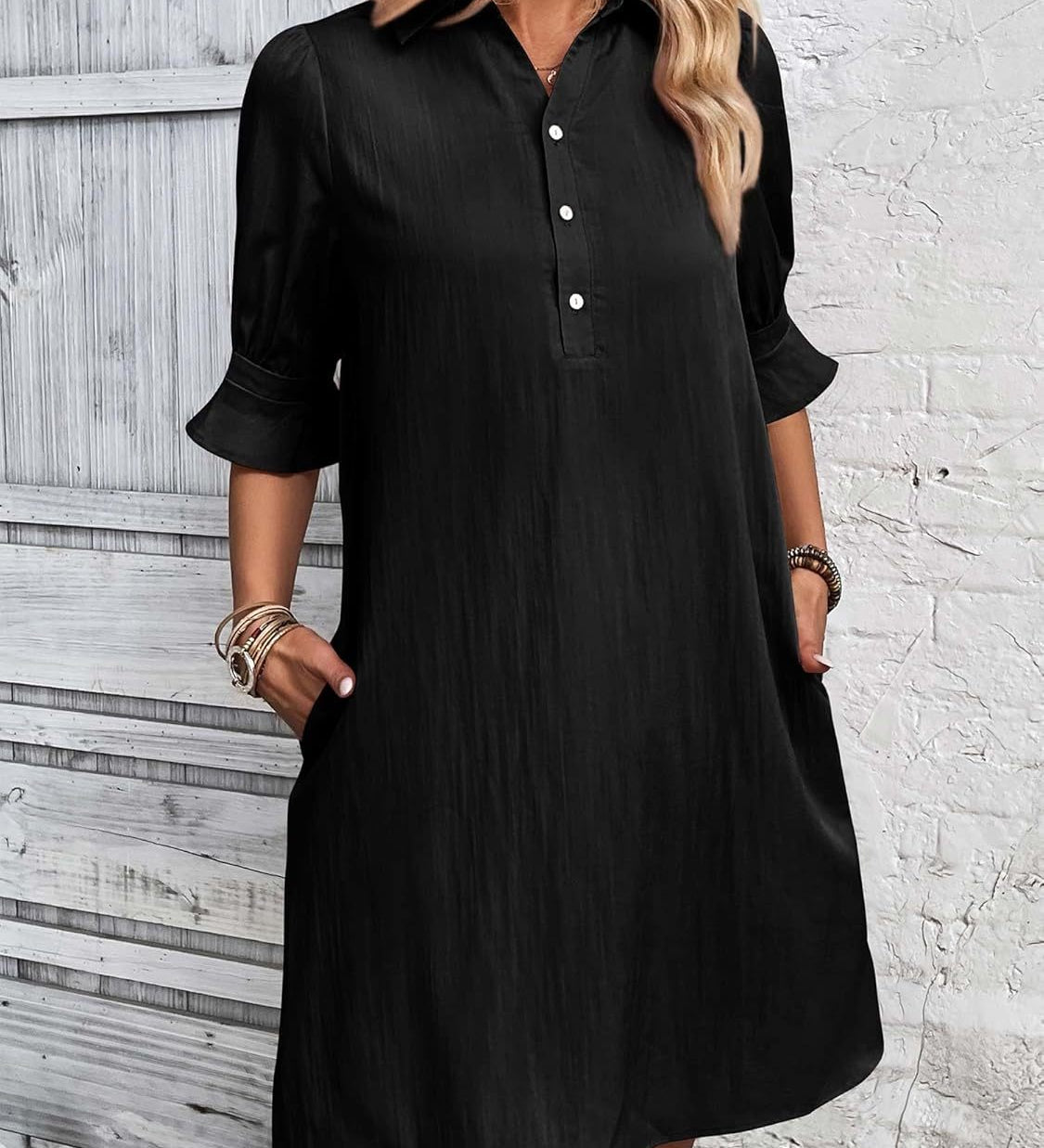 Cameron elegant ruffle button-down dress with feminine sleeves, shown in black