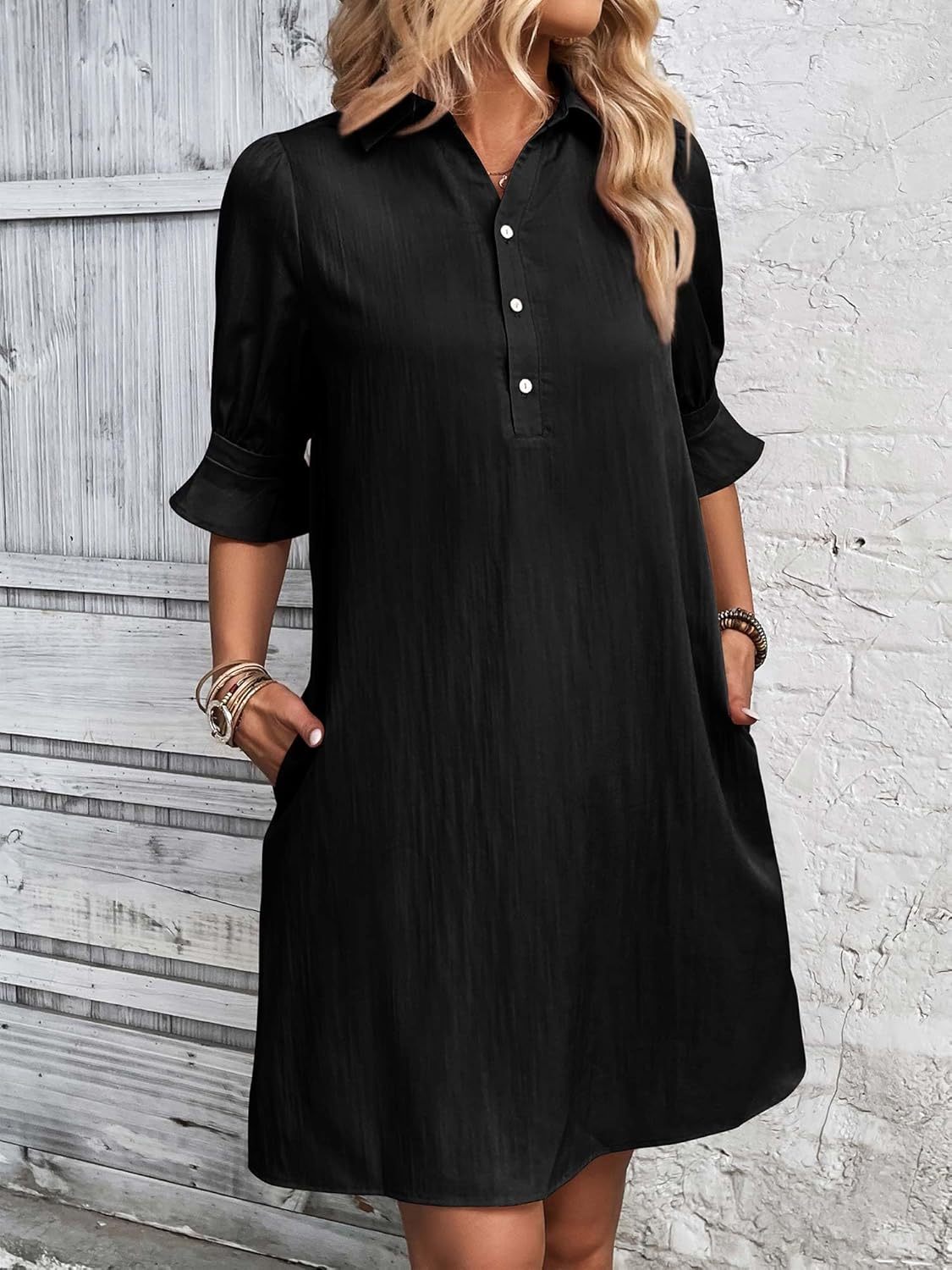 Cameron elegant ruffle button-down dress with feminine sleeves, shown in black