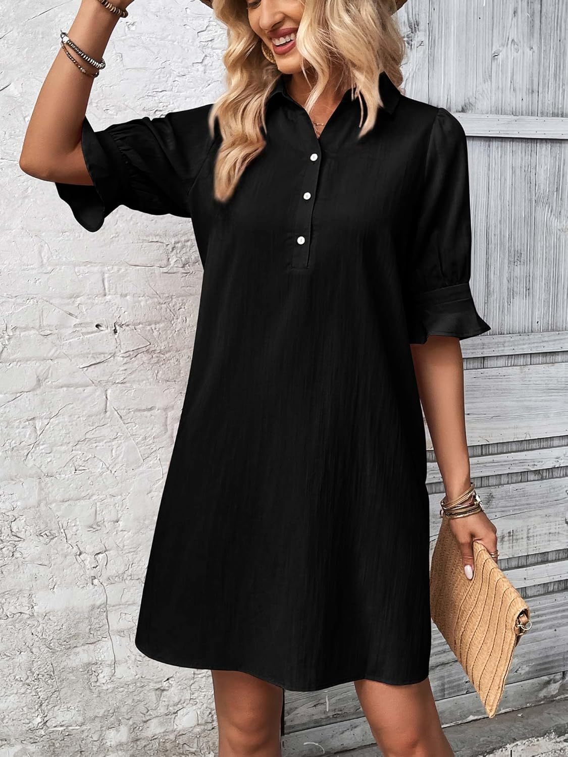 Cameron elegant ruffle button-down dress with feminine sleeves, shown in black
