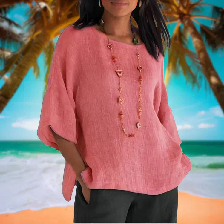 Necie radiant breezy cotton-linen blouse with relaxed fit and three-quarter sleeves