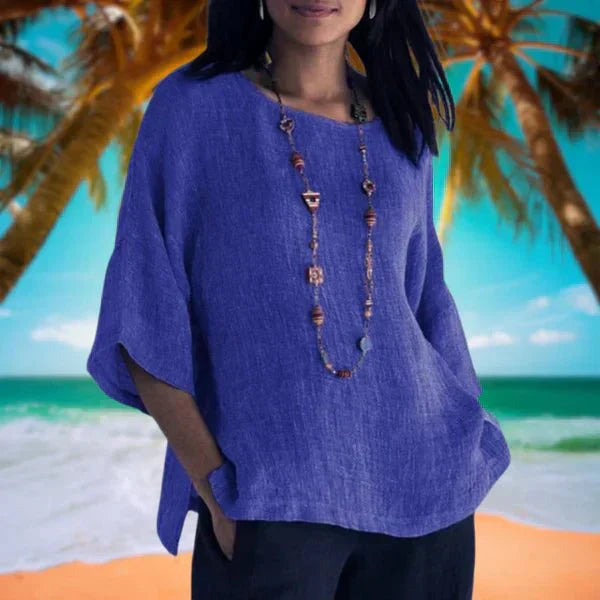Necie radiant breezy cotton-linen blouse with relaxed fit and three-quarter sleeves
