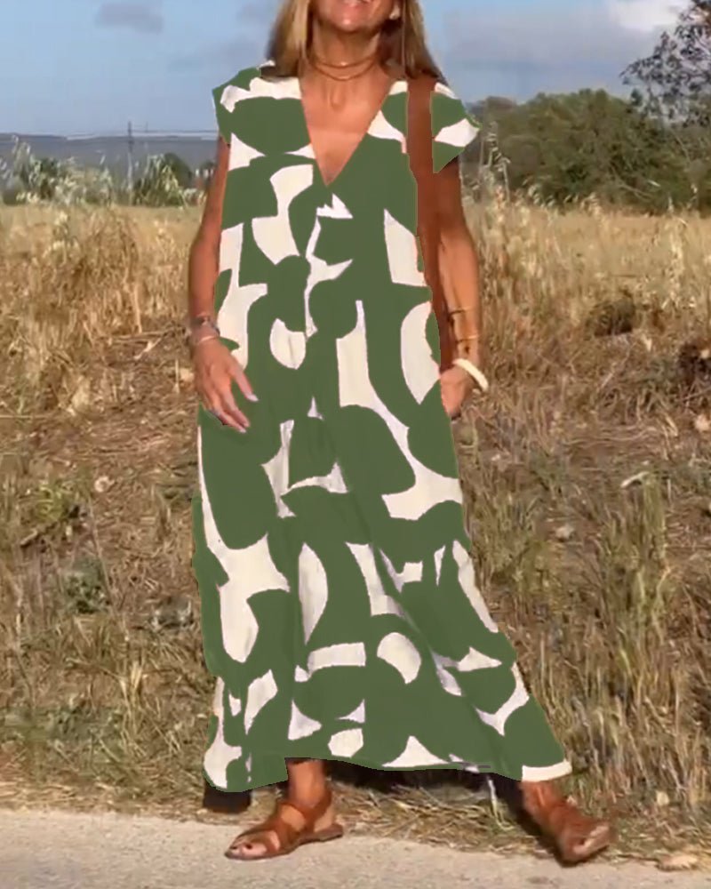 Amelia printed V-neck A-line dress in a flowing silhouette