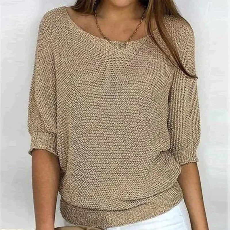 Korus Luxe cozy crew neck knit top in a soft relaxed fit, shown in a neutral tone