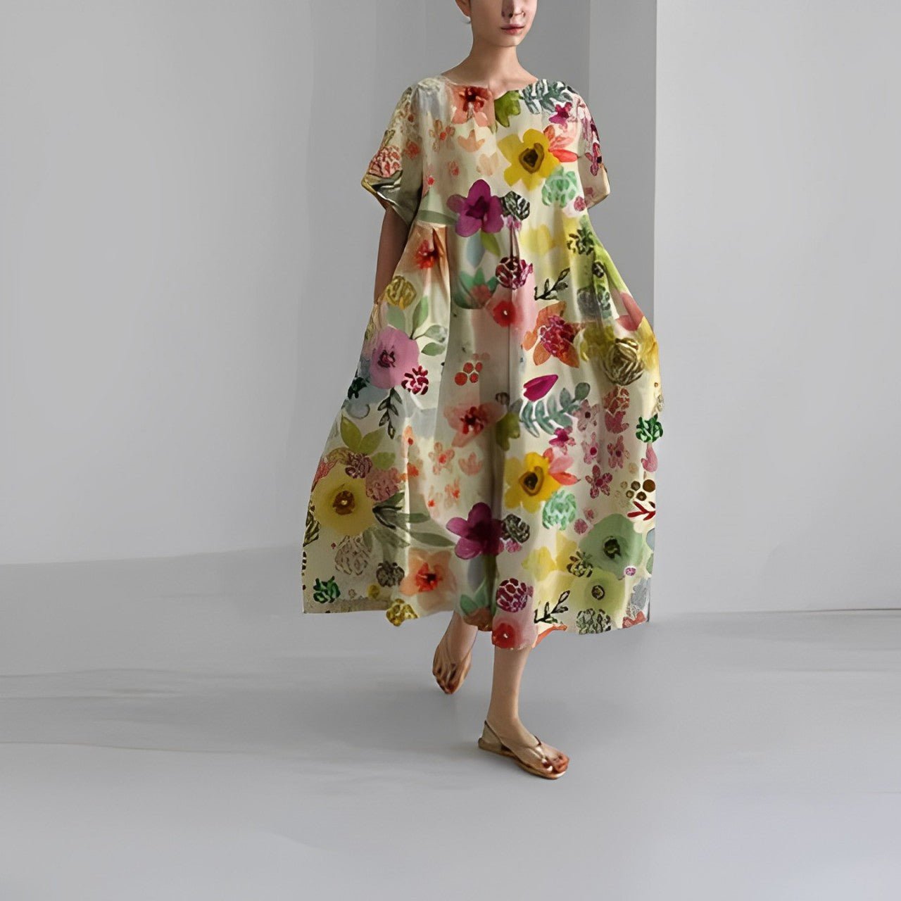 Celia floral Garden Goddess dress in a feminine print, shown in multiple colourways