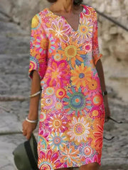 Nira vibrant floral midi dress with a flowy silhouette and colourful print