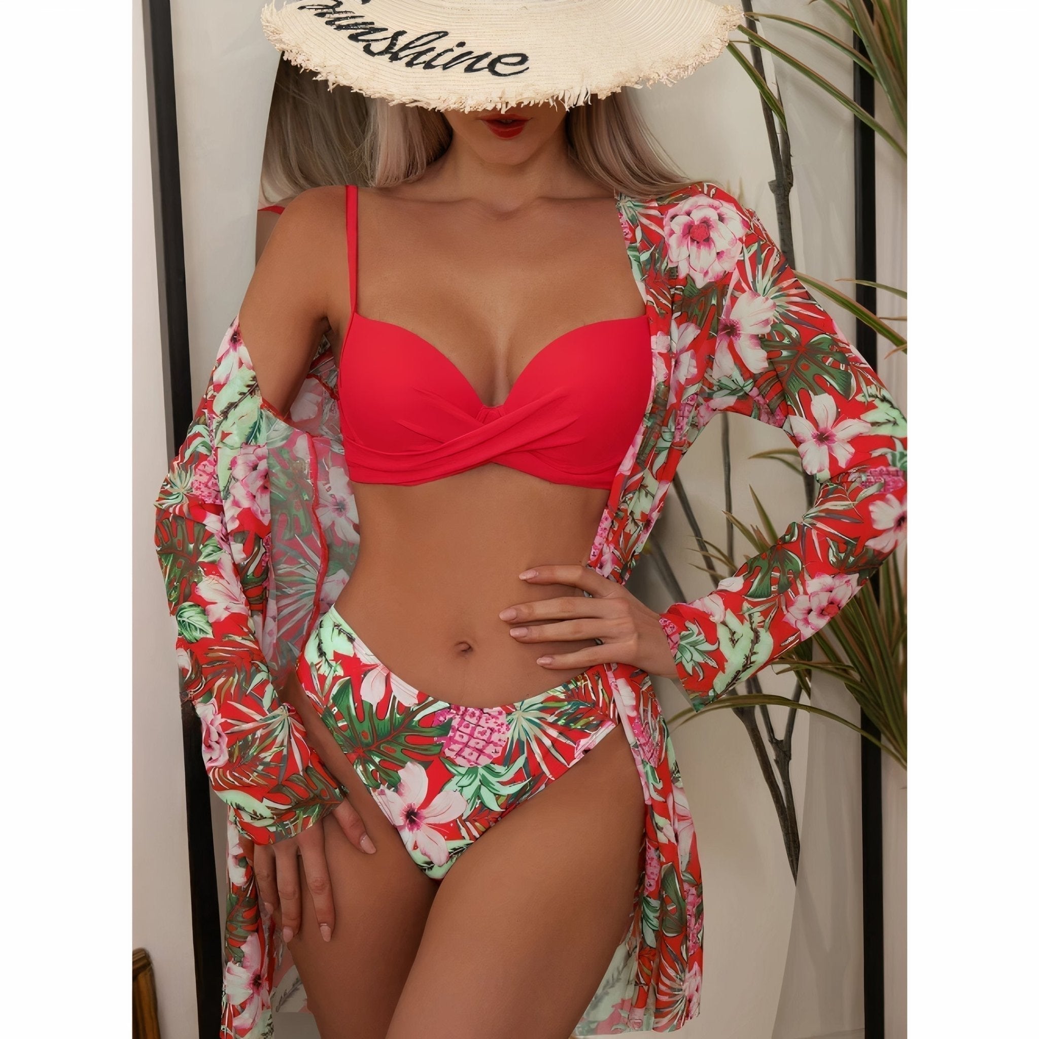 Thalassa 3-in-1 bikini set with padded top and matching lightweight kimono cover-up
