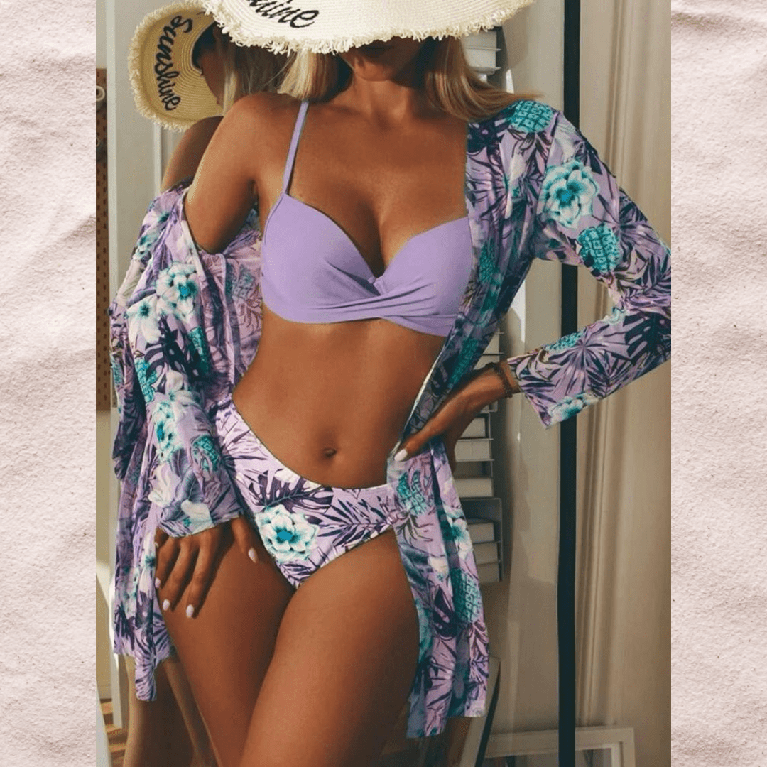Thalassa 3-in-1 bikini set with padded top and matching lightweight kimono cover-up