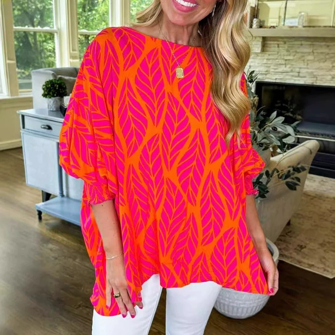 Risa puff sleeve blouse with leaf print and smocked puff sleeves