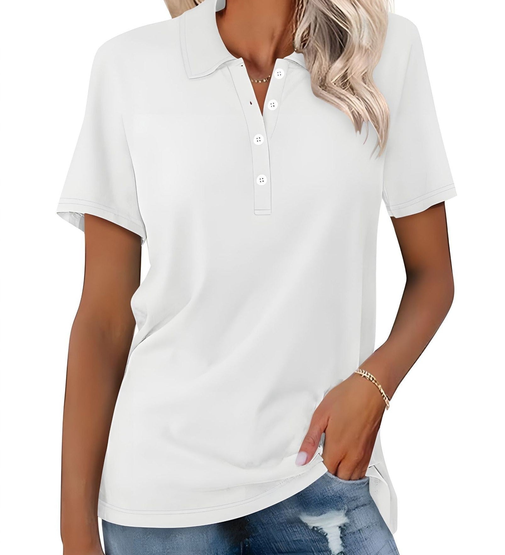 Danara women's polo shirt with classic collar and button placket, shown in a neutral tone