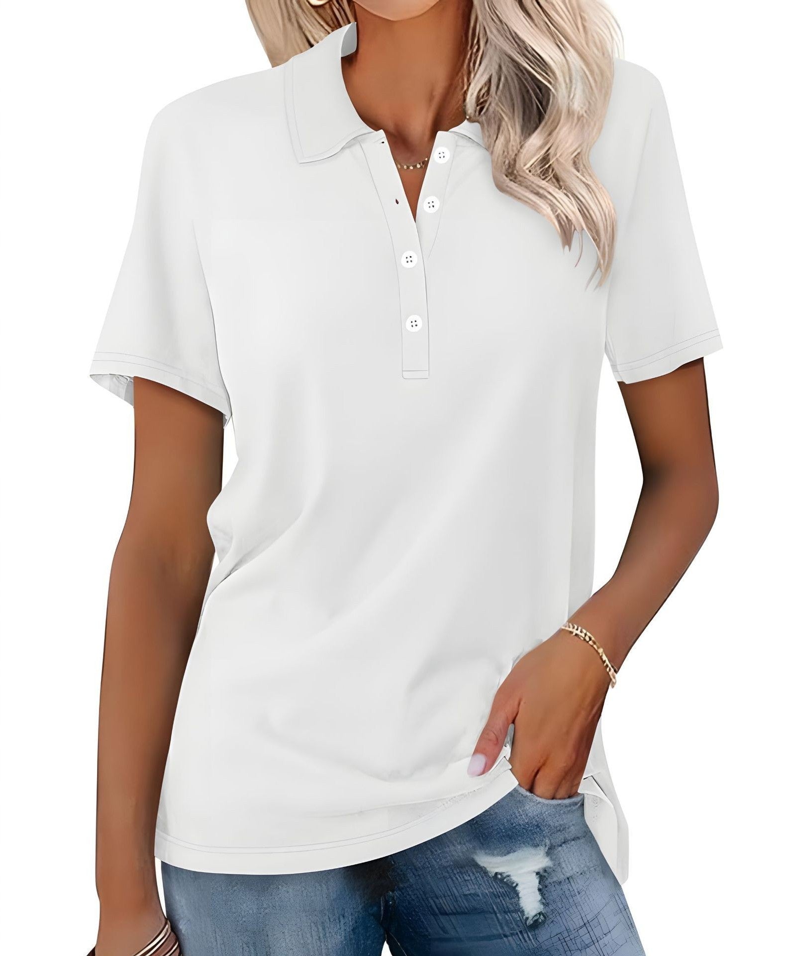 Danara women's polo shirt with classic collar and button placket, shown in a neutral tone