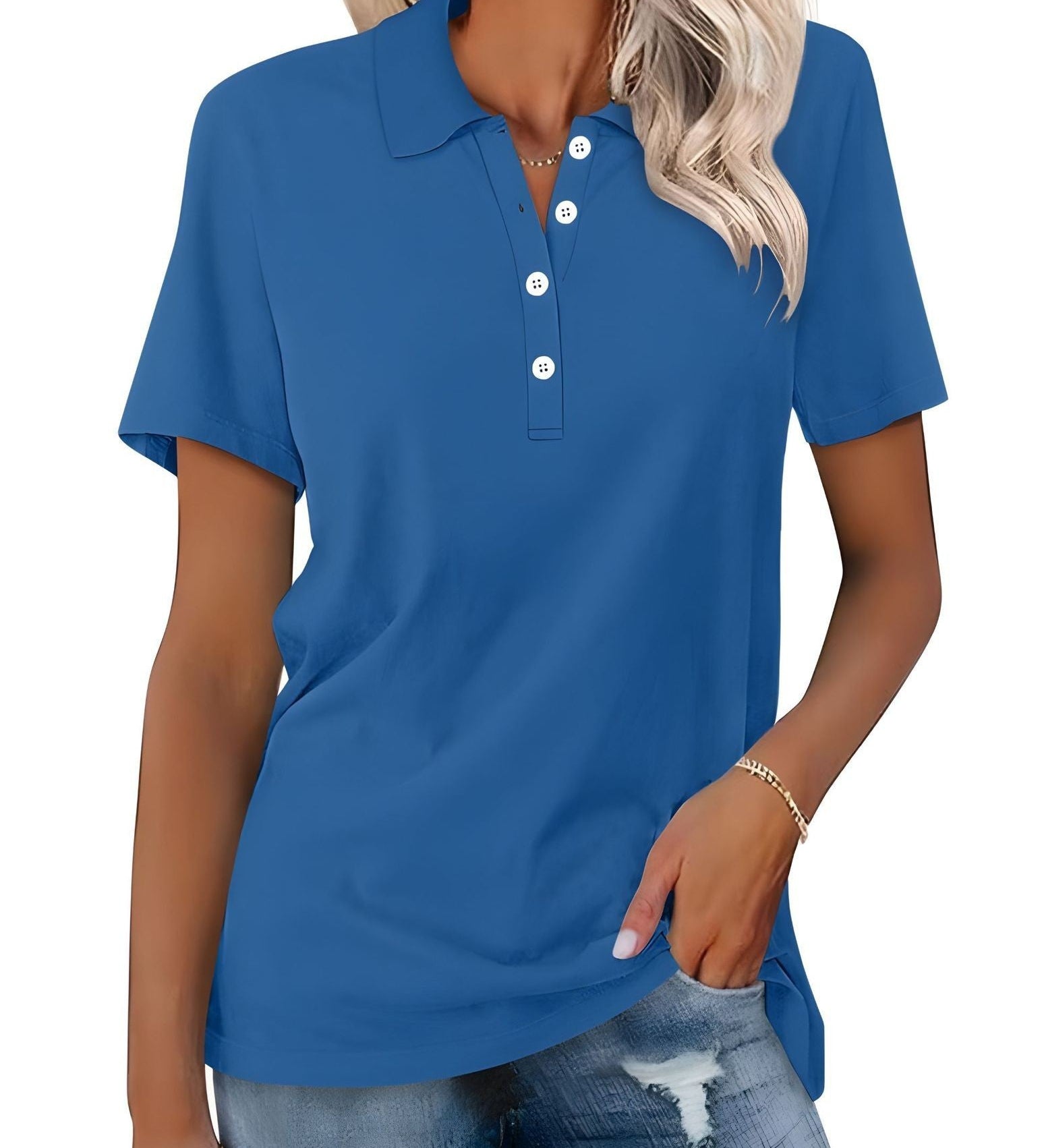 Danara women's polo shirt with classic collar and button placket, shown in a neutral tone