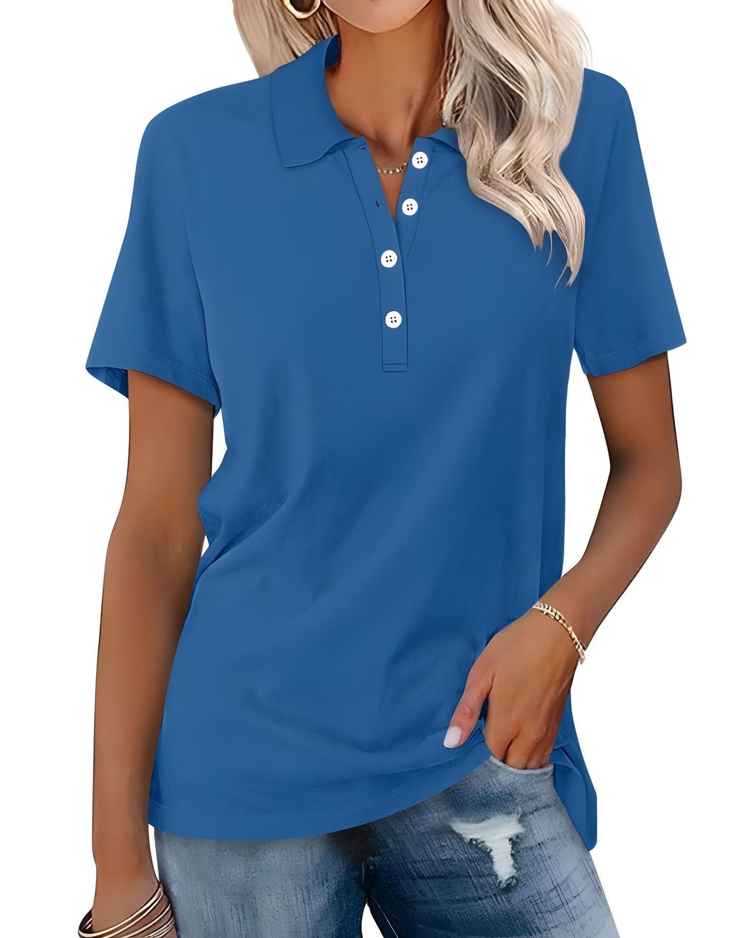 Danara women's polo shirt with classic collar and button placket, shown in a neutral tone