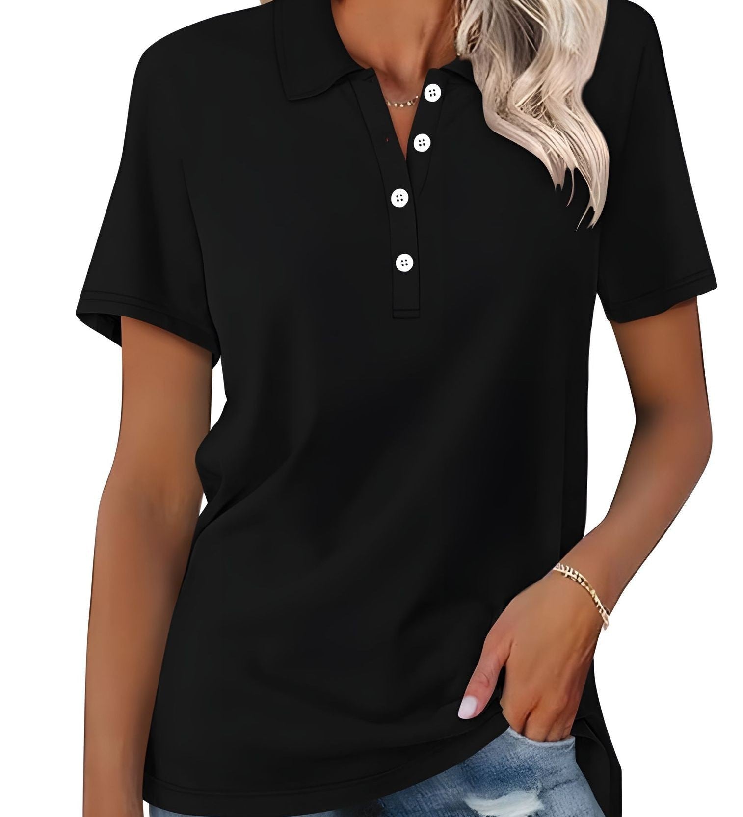 Danara women's polo shirt with classic collar and button placket, shown in a neutral tone