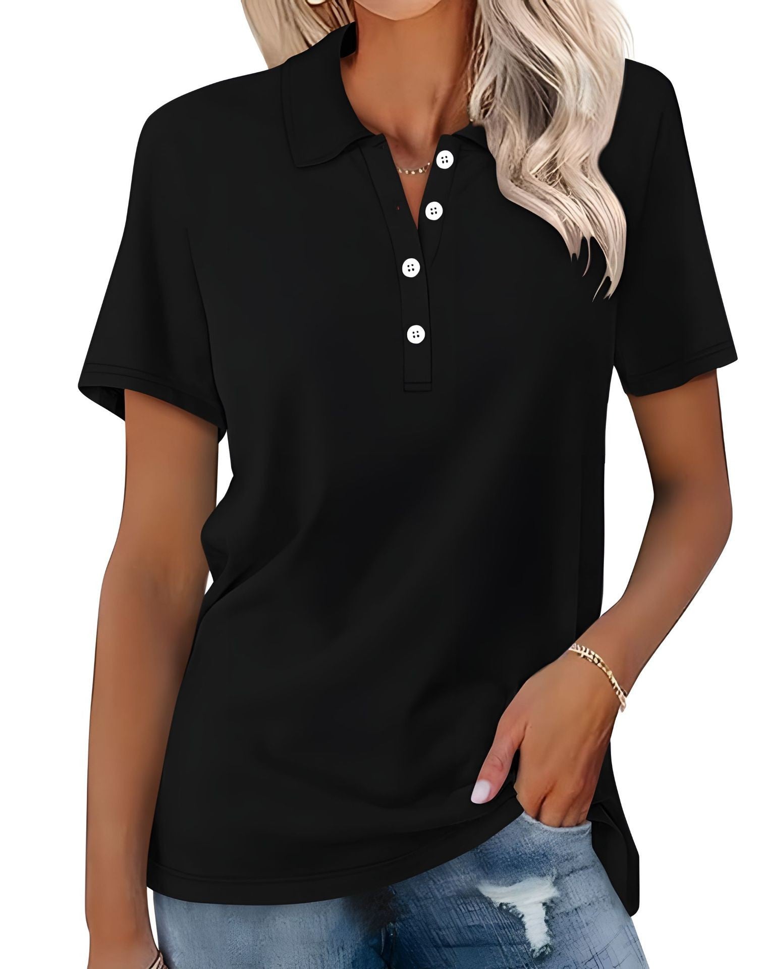 Danara women's polo shirt with classic collar and button placket, shown in a neutral tone