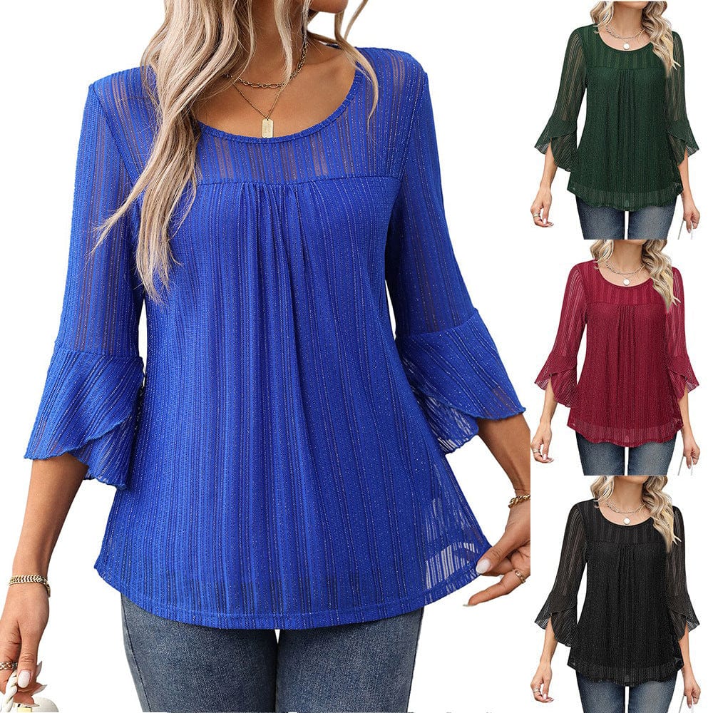 Larra sleek pleated blouse with bell sleeves and subtle shimmer, shown in a flowing silhouette