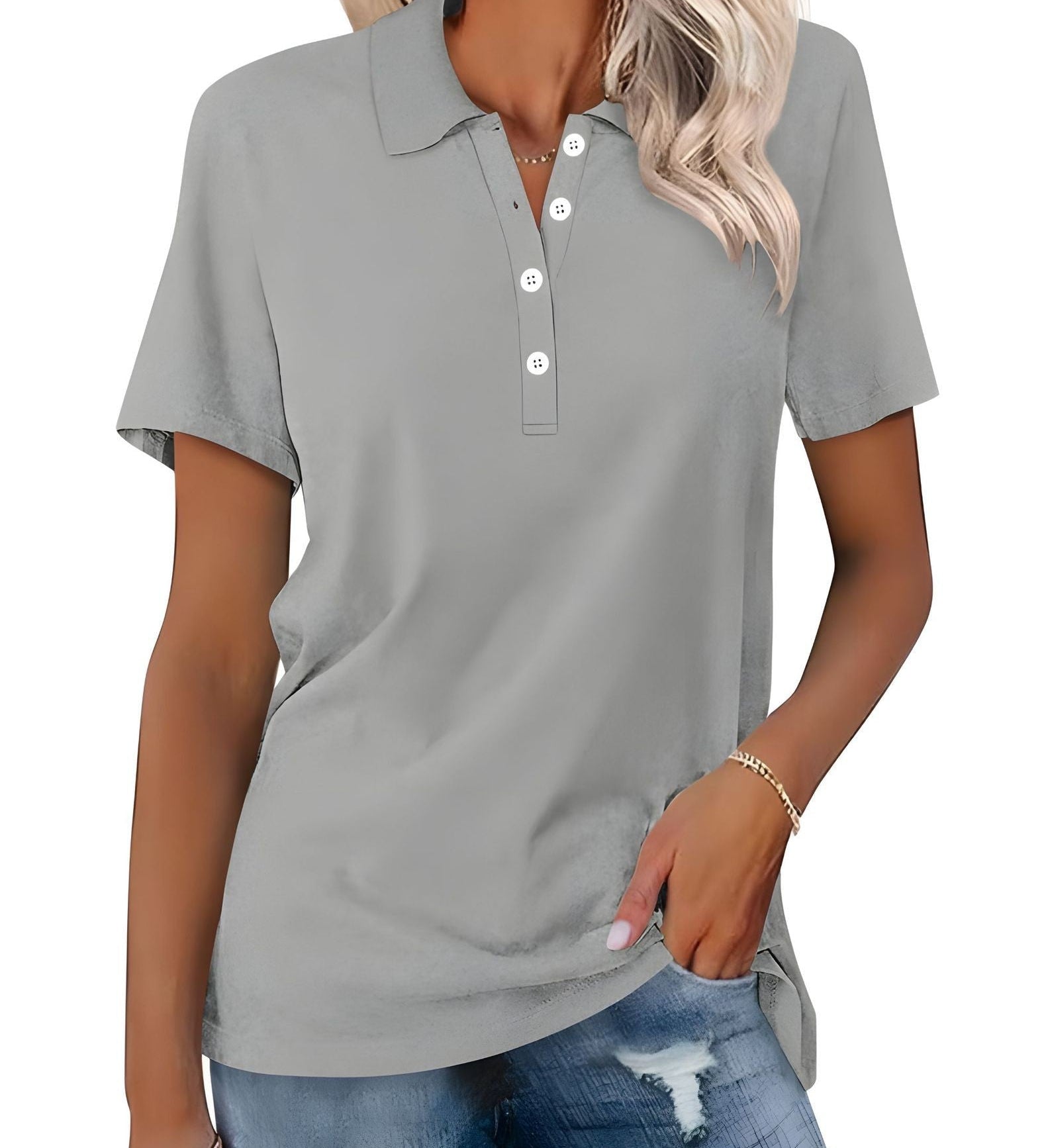 Danara women's polo shirt with classic collar and button placket, shown in a neutral tone