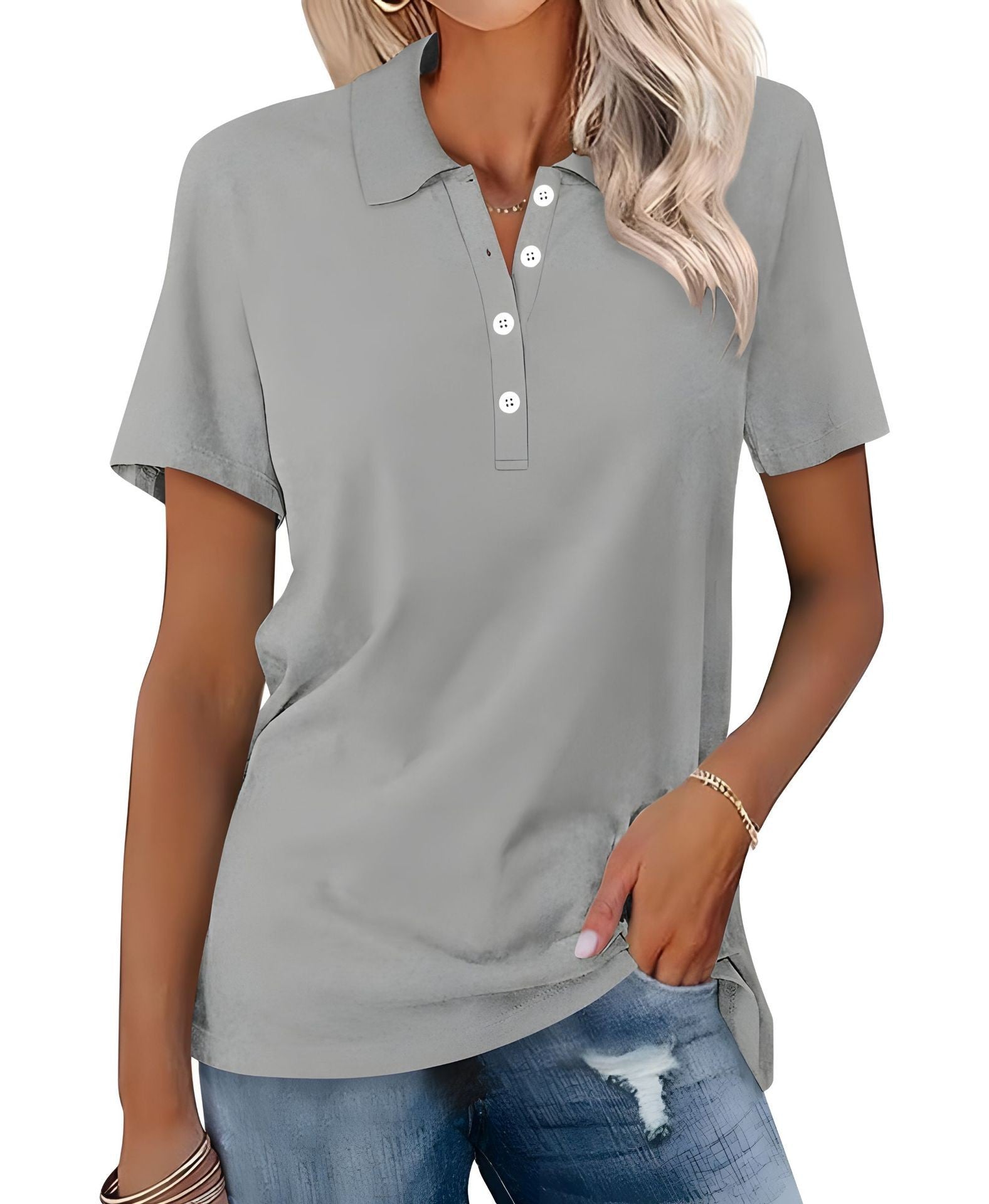 Danara women's polo shirt with classic collar and button placket, shown in a neutral tone