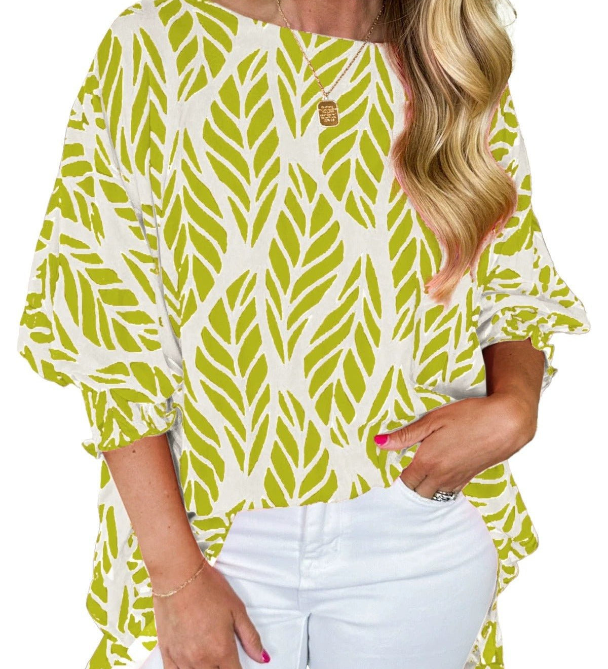 Risa puff sleeve blouse with leaf print and smocked puff sleeves