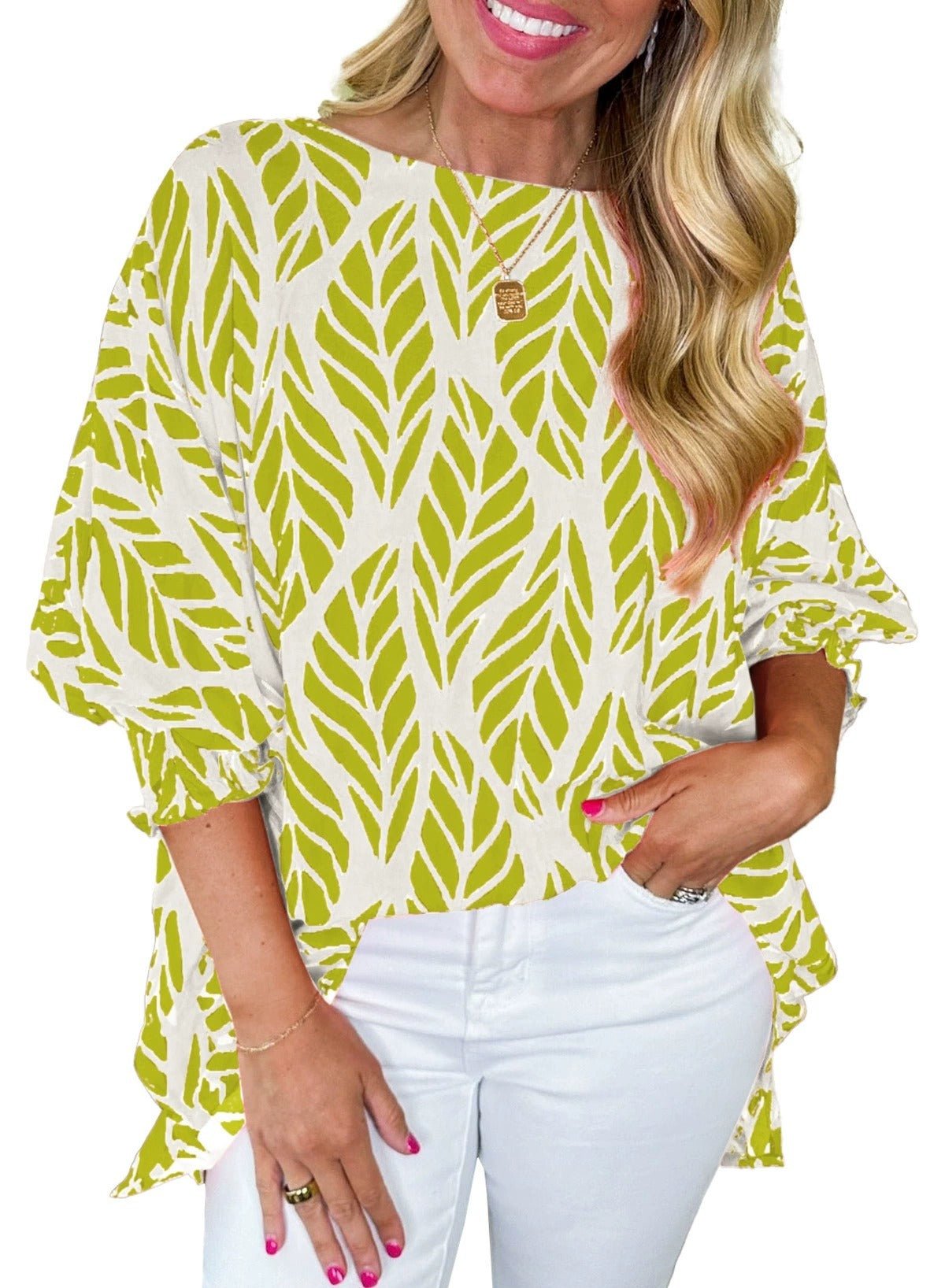 Risa puff sleeve blouse with leaf print and smocked puff sleeves
