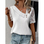 Haifa sophisticated lace blouse with asymmetric neckline and pleated design, shown in white