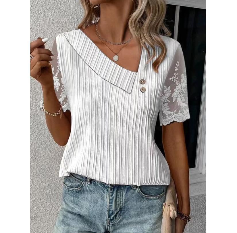 Haifa sophisticated lace blouse with asymmetric neckline and pleated design, shown in white